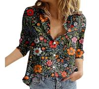Long Sleeve Tops, Women's Shirt with Button Placket, V-Neck, Long Sleeve, Lapel Shirt, Graphic, Flower, Summer, Breathable, Casual Top, Print Tops, Colourful Hawaiian Floral Pattern, a, 3XL