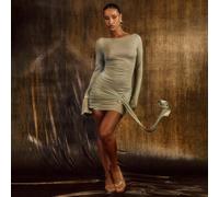 Long Sleeve Trim Detail Draped Front Mini Beach Dress In Gold Metallic, Women's Size UK 10