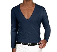 Long Sleeve Tshirts Shirts for Men Deep V Neck Vneck Casual Long-Sleeved Tees Comfort Compression Fit Running Big and Tall Gym Shirt Navy