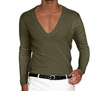 Long Sleeve Tshirts Shirts for Men Deep V Neck Vneck Casual Long-Sleeved Tees Comfort Compression Fit Running Big and Tall Gym Shirt Army Green