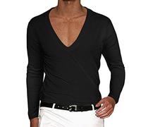 Long Sleeve Tshirts Shirts for Men Deep V Neck Vneck Casual Long-Sleeved Tees Comfort Compression Fit Running Big and Tall Gym Shirt Black