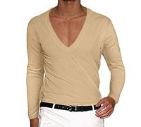 Long Sleeve Tshirts Shirts for Men Deep V Neck Vneck Casual Long-Sleeved Tees Comfort Compression Fit Running Big and Tall Gym Shirt Yellow