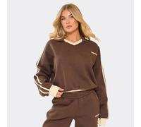 Long Sleeve V Neck Contrast Collar Oversized Jumper In Chocolate Brown, Women's Size UK 14