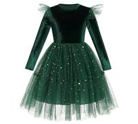 Long Sleeve Velvet Flower Girl Dress for Kids Fall Winter Star Glitters Snow Tulle A-line Ruffled Flying Sleeve Birthday Party Princess Dress Green 5-6Y