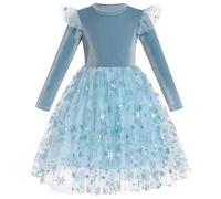 Long Sleeve Velvet Flower Girl Dress for Kids Fall Winter Star Glitters Snow Tulle A-line Ruffled Flying Sleeve Birthday Party Princess Dress Blue 4-5Y
