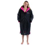 Dryrobe Advance - The Original Long Sleeve Waterproof Changing Robe - Oversized Coat with Fleece Lining - for Beach, Cold Water Wild Swimming, Surfing - Medium - Black/Pink