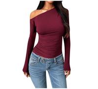 Long Sleeve Women's Basic Slim Fit Y2K Top Tight Long Sleeve Top Long Sleeve Shirt Crew Neck Cropped Tee Plain Stretchy Aesthetic Shirts Teenagers, Wine Red, S