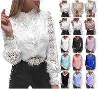 Long Sleeve Women's Elegant Lace Blouse T-Shirt White V-Neck Pullover Tops Lace Sleeves Tee Shirt with Full Button Up Long Sleeve Plain Tunic Lace Hollow Out Tops Evening Party Club, A01 White, S