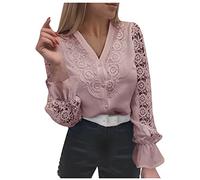 Long Sleeve Women's Elegant Lace Blouse T-Shirt White V-Neck Pullover Tops Lace Sleeves Tee Shirt with Full Button Up Long Sleeve Plain Tunic Lace Hollow Out Tops Evening Party Club, A02 Pink, Large