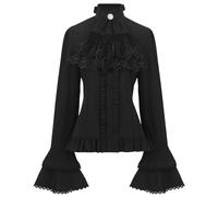 Long Sleeve Women's Tops Shirt Blouse Women's Mid-Punk Retro Pleated Long Sleeve Shirt with Lace Stitching Straps Inside, black, XL