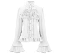 Long Sleeve Women's Tops Shirt Blouse Women's Mid-Punk Retro Pleated Long Sleeve Shirt with Lace Stitching Straps Inside, White, XL