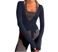 Long Sleeve Wrap Over Tops for Women Elegant Comfy Front Tie Slim Fitted Deep V-Neck Cross Wrap Around Tops Workout Pilates Ballet Yoga Gym Sports Tops Navy