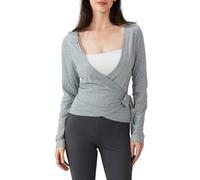Long Sleeve Wrap Over Tops for Women Front Tie Slim Fitted Deep V-Neck Cross Wrap Around Tops Workout Pilates Ballet Yoga Gym Sports Top (Light Grey, M)