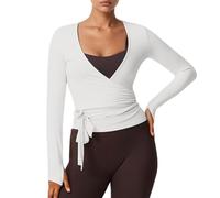 Long Sleeve Wrap Over Tops for Women Front Tie Slim Fitted Deep V-Neck Cross Wrap Around Tops Workout Pilates Ball