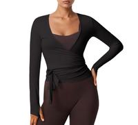 Long Sleeve Wrap Over Tops for Women Front Tie Slim Fitted Deep V-Neck Cross Wrap Around Tops Workout Pilates Ballet Yoga Gym Sports Top