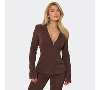 Long Sleeve Zip Front Cinched Fitted Blazer In Chocolate Brown, Women's Size UK 8