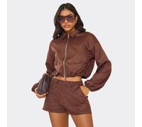 Long Sleeve Zip Through Collar Neck Bomber Jacket In Brown Faux Suede, Women's Size UK 14