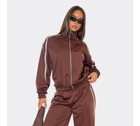Long Sleeve Zip Up Contrast Stripe Track Jacket In Chocolate Brown, Women's Size UK 6