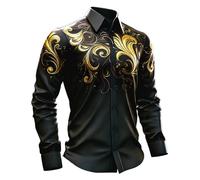 Long-Sleeved Gothic Festival Print Medieval-Style Shirt. The elaborate pattern and classic fit make it ideal for costumes and casual wear., yellow, XXL