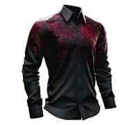 Long-Sleeved Gothic Festival Print Medieval-Style Shirt. The elaborate pattern and classic fit make it ideal for costumes and casual wear., red, 3XL