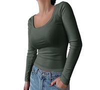 Long Sleeved Women's Shirts Women's Solid Color U Neck Long Sleeve T Shirt Top Women Shirts Long Sleeve (Green, L)