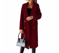Long-sleeved wool coat with double-breasted buttons,Women's Double Breasted Long Trench Coat Windproof Classic Lapel Slim Overcoat (red,L)
