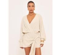 Long Sleeved Wrap Detail Playsuit In Stone Linen, Women's Size UK 10