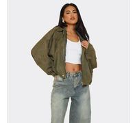 Long Sleeved Zip Front Collared Detail Bomber Jacket In Khaki Green, Women's Size UK Small S