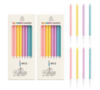 Long Slim Metallic Birthday Cake Candles with Holders, 16 cm, 16-Pack | Pink, Yellow, Purple And Turquoise, 2 Sets Of 8, Individual Pointed Bases, For Wedding Cakes And Celebration Tables