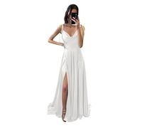 Long Spaghetti Straps Prom Dresses for Junior Women Side Slit Satin A-Line Open Back Formal Evening Party White