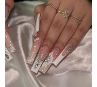 Long Square False Nails - 24PCS French Press on Nails - Acrylic Fake Nails with 3D Rhinestone Flower Designs - Removable Glue-on Full Cover Stick on Nails for Women Nail Art Accessories