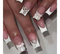Long Square False Nails, Dusty Pink French Tips with 3D Bows and Stars | Glossy full-cover artificial nail set, raised clear reflective accents, for home manicures, parties and social occasions