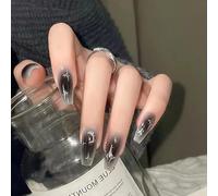 Long Square False Nails, French Press on Nails, Acrylic Stick on Nails, 24pcs Design Fake Nail with Glue Sticker for Women and Girls Nail Tips Cool (Grey Moon and Stars, 24pcs)