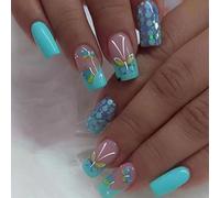 Long Square False Nails, Turquoise French Tips with Butterfly Nail Art | Glossy nude-pink, blue, green, white and iridescent silver tones, hexagonal accents, for casual outings and social occasions