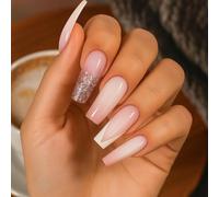 Long Square Pink Ombre French Glitter Press On Nails With Rose Gold Sparkle - Reusable Acrylic Coffin Tip Manicure Set For Daily Wear Parties Weddings Special Occasions Women