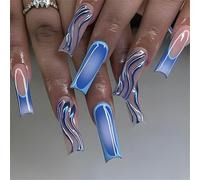Long Square Press-On Fake Nails 3D Soild Blue Lines Nail Art Decoration Gradient French Manciure for Women and Girls 24pcs