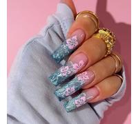 Long Square Press-On Fake Nails Blooming Blue Glitter Flowers Nail Art Decoration French Manciure for Women and Girls 24pcs