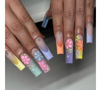 Long Square Press-On Fake Nails Colorful Flowers Gradient Nail Art Decoration Summer Manciure for Women and Girls 24pcs