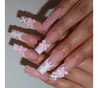 Long Square Press On Nails Elegant Pearls Bowknot Design Sweet French Manicure False Nails For Women And Girls 24pcs Press On Nail
