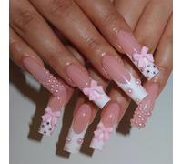 Long Square Press On Nails Elegant Pearls Bowknot Design Sweet French Manicure False Nails For Women And Girls 24pcs