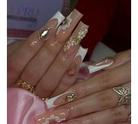 Long Square Press On Nails Featuring Flower Rhinestones Embellishments Nude French Artificial Nails for Casual Party