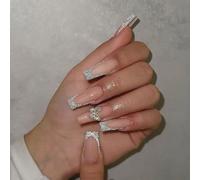 Long Square Press On Nails French Tips Glitters Acrylic False Nails With 3D Butterfly Stick On Nails For Women Girls
