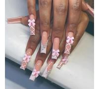 Long Square Press on Nails Glossy Pink Fake Nails with 3D Bow Designs White Pearl Line Glue on Nails Acrylic False Nail Kit French Tip Nails Reusable Artificial Nails Stick on Nails for Women, 24Pcs