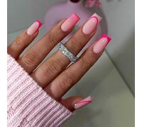 Long Square Press-On Nails, Glossy Pink French Tips, Silver Dot Design | 12 Sizes, Assorted Fits, Mixed Curved And Straight Outlines, Coordinated Manicures For Everyday Wear And Social Events