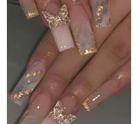 Long Square Press On Nails Marble White & Nude with Gold Foil and 3D Butterfly Charms - Luxury Pre-designed False Nails, Glue On Nails for Parties, Holidays, Photoshoots & Glam Nights