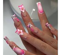 Long Square Press-On Nails, Pink French Tip And Animal Print, 24-Piece | Glossy Ombré, Zebra And Leopard Patterns, Raised Floral Details, Assorted Sizes, For Home Manicures, Daily Wear And Parties