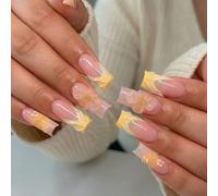 Long Square Press On Nails with 3D Floral French Tips - Yellow Spring Design Acrylic False Nails for Women, Easy Application Glossy Manicure Set for Parties, Daily Wear and Special Occasions