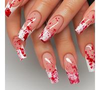 Long Square Press on Nails with Halloween Blood Splatter Design - Bold Red-and-White French Tip False Nails for Women - 24pcs Acrylic Stick on for Halloween Parties and