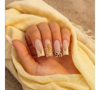 Long Square Press On Nails with White French Tip & 3D Clover Design - 24pcs Nude False Nails Kit with Leopard Print & Gold Star Accents for Parties, Daily Wear and Special Occasions