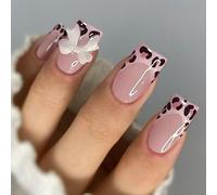 Long Square Tip Artificial Nails with Leopard Print & 3D Floral Accents - 24Pcs Pre-Designed Light Pink False Nails with Glossy Finish, Ready to Wear for Trendy Fashion and Special Occasions